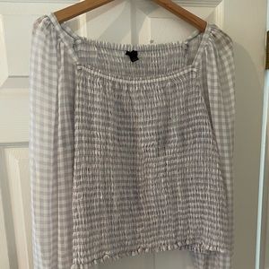 Checkered light blue and white top with balloon sleeves